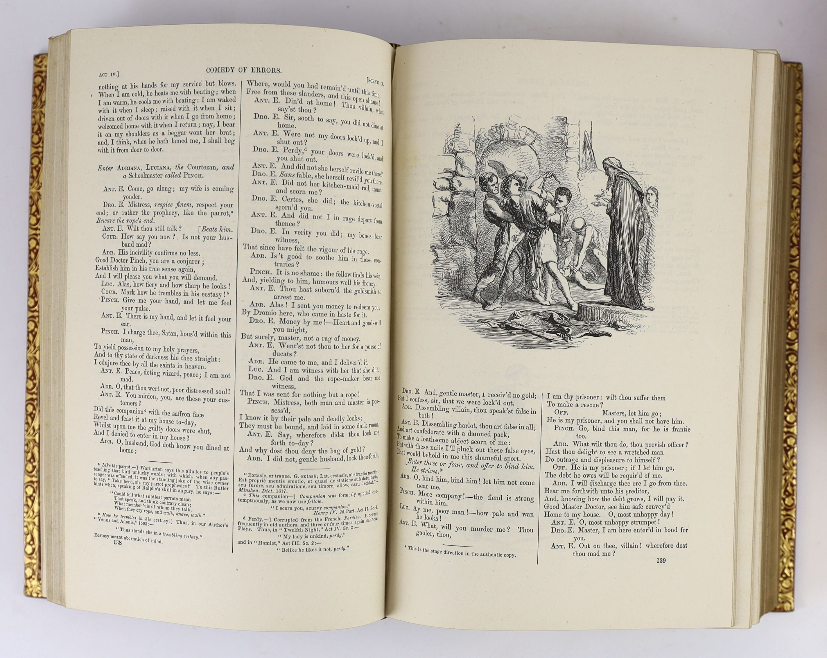Shakespeare, William - The Works of Shakespeare, edited by Howard Staunton, 3 vols, 4to, red morocco gilt, with illustrations by Sir John Gilbert, A.R.A., engraved by the brothers Dalziel, George Routledge and Sons, Lond